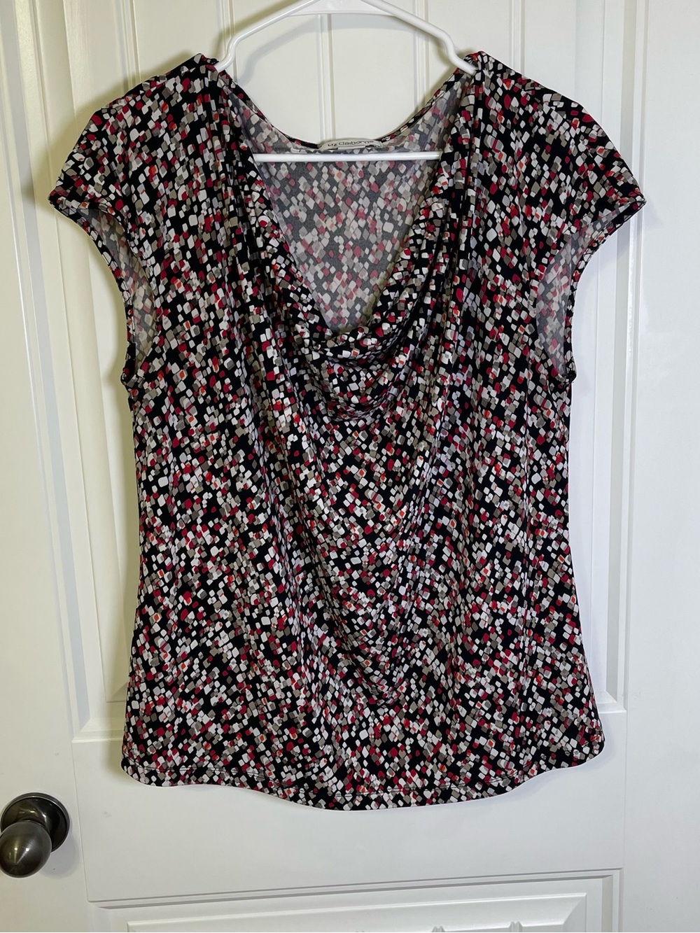 Liz Claiborne Women’s XL Black, Red & White Geometric Cowl Neck Cap Sleeve Top